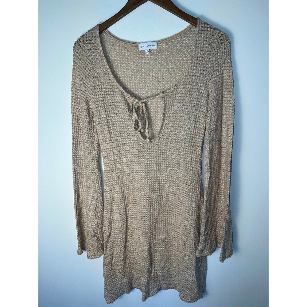LOST + WANDER Knit Mini Dress W XS Tan Long Sleeve Tie Boho Fairy Forest Goblin